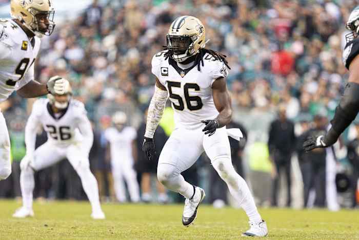 Nov 21, 2021; New Orleans Saints linebacker Demario Davis (56) in action against the Philadelphia Eagles. Mandatory Credit: Bill Streicher-USA TODAY
